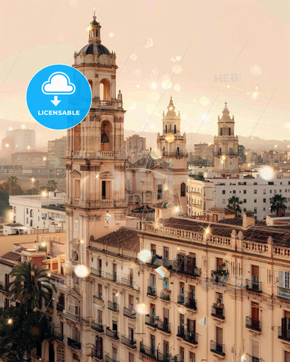Málaga City Lights: Double Exposure Skyline - A large building with a bell tower