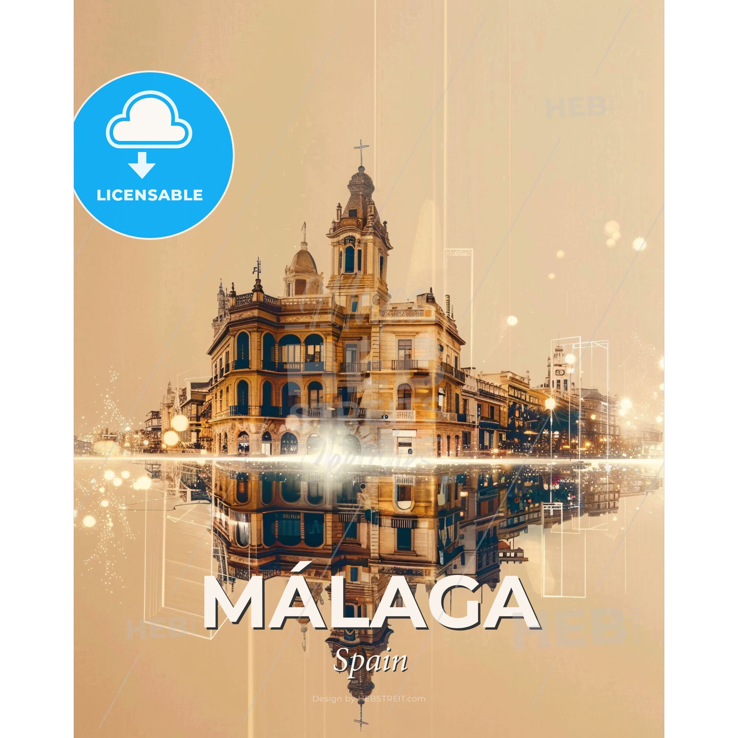 Málaga Skyline Double Exposure Art Poster - A building with a reflection of lights - Square format print template