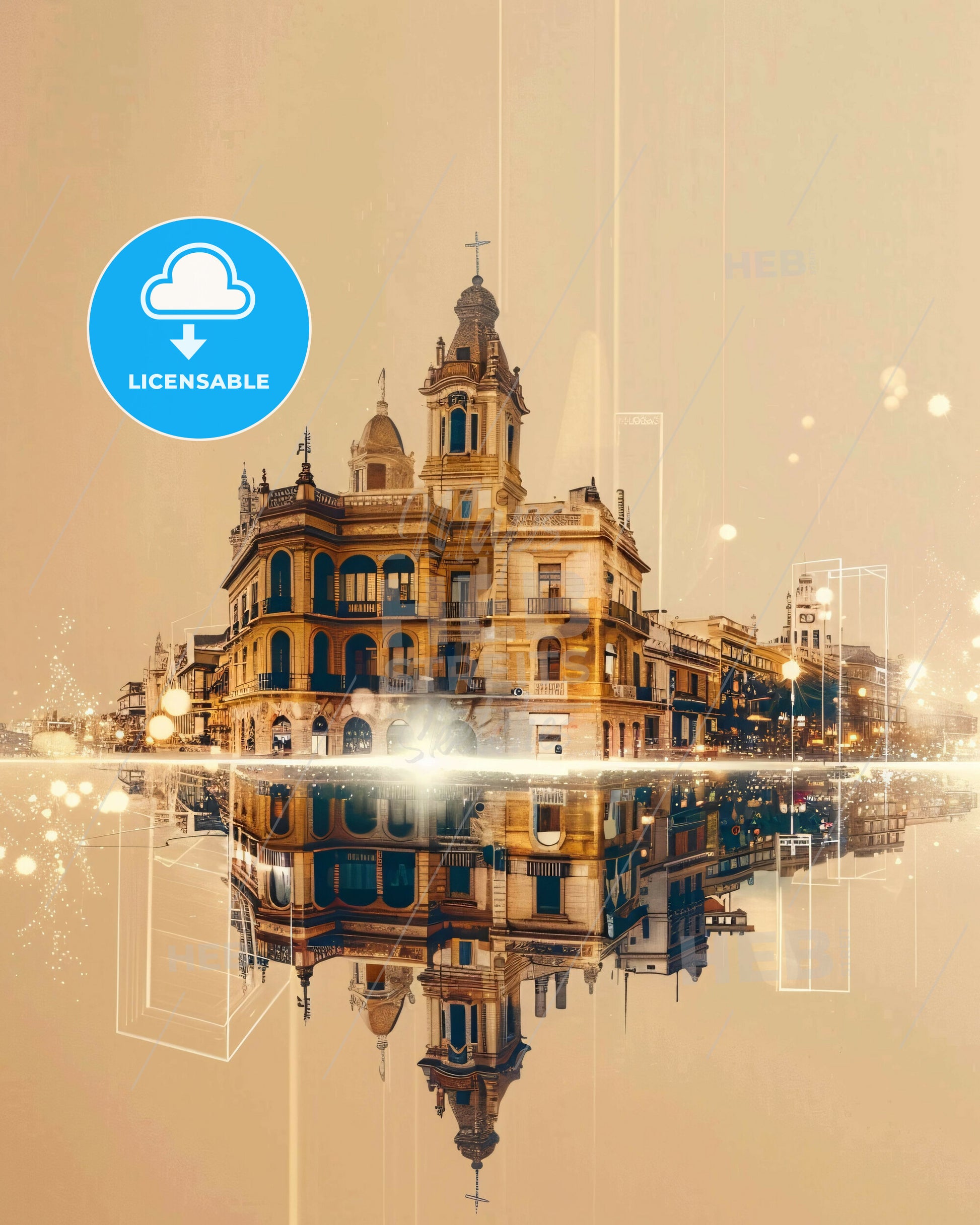 Málaga Skyline Double Exposure Art Poster - A building with a reflection of lights