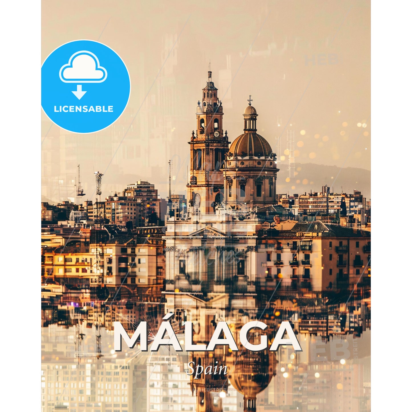 MÃ¡laga City Icons Double Exposure Poster - A city with a large building and a tower - Square format print template