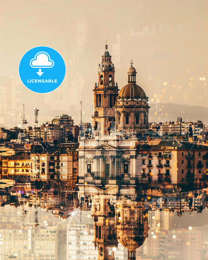 MÃ¡laga City Icons Double Exposure Poster - A city with a large building and a tower
