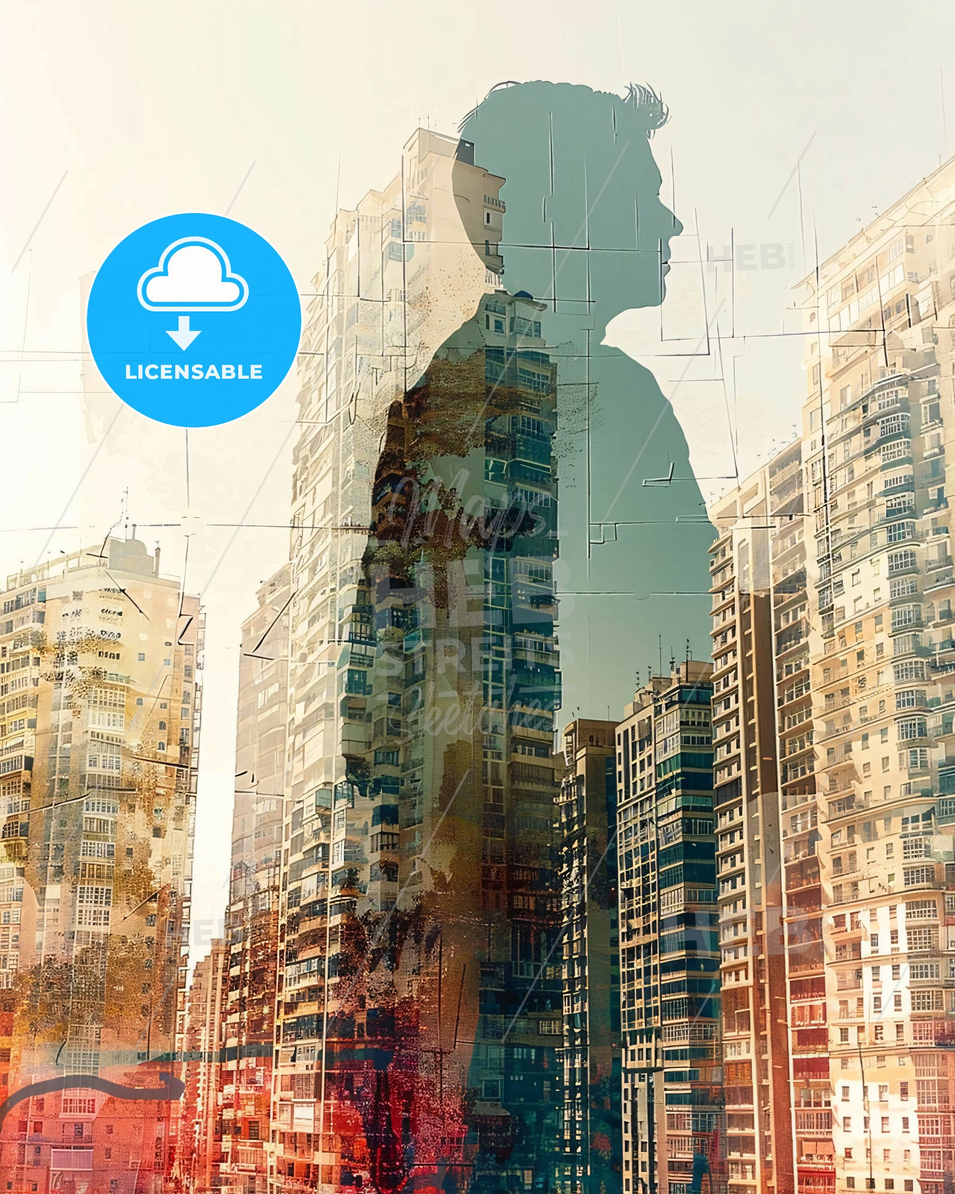 Malaga Skyline Double Exposure Composite Art Poster - A man standing in front of a city