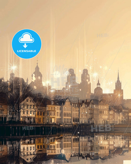 Møns Sunset Skyline Art Deco Poster - A city with buildings and lights