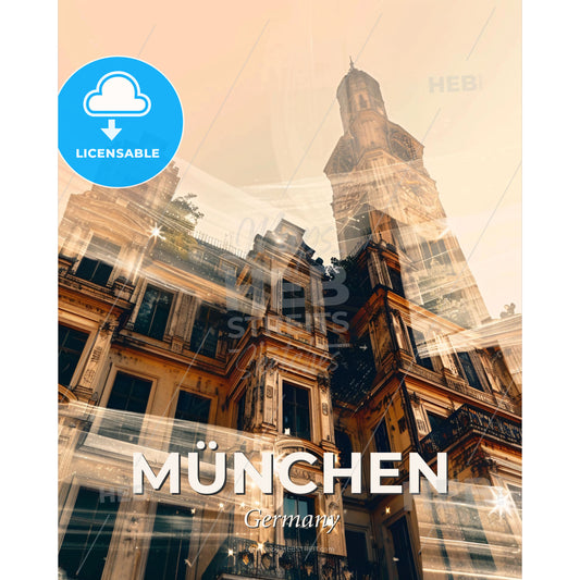 Munich City Skyline Composite Artwork Poster - A building with a clock tower - Square format print template