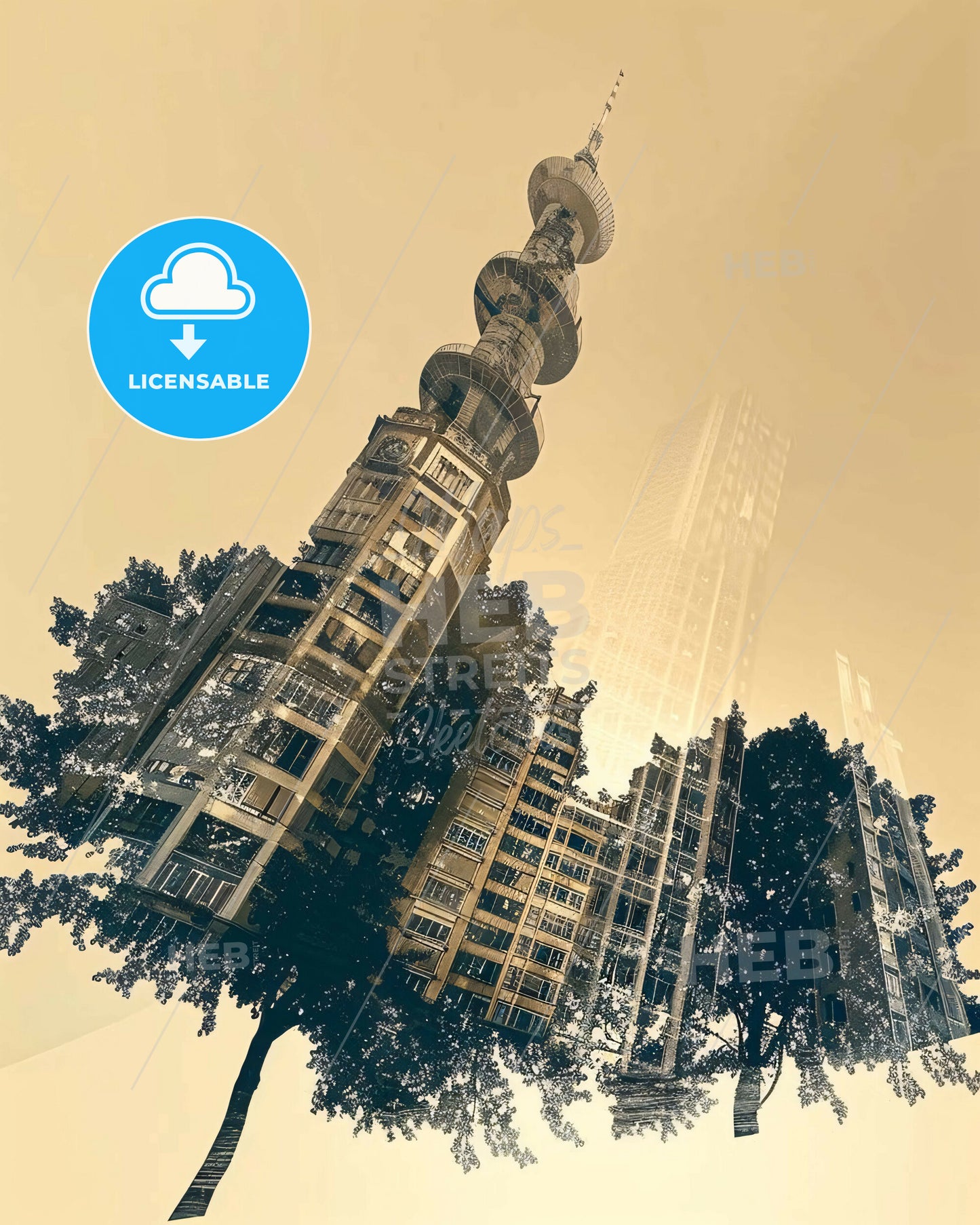 Munich Double Exposure Skyline Poster - A tall building with a round tower