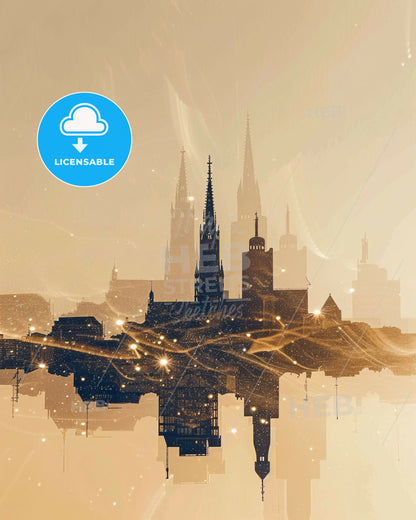 Münchens Iconic Skyline in Double Exposure Composite - A city skyline with lights and fog