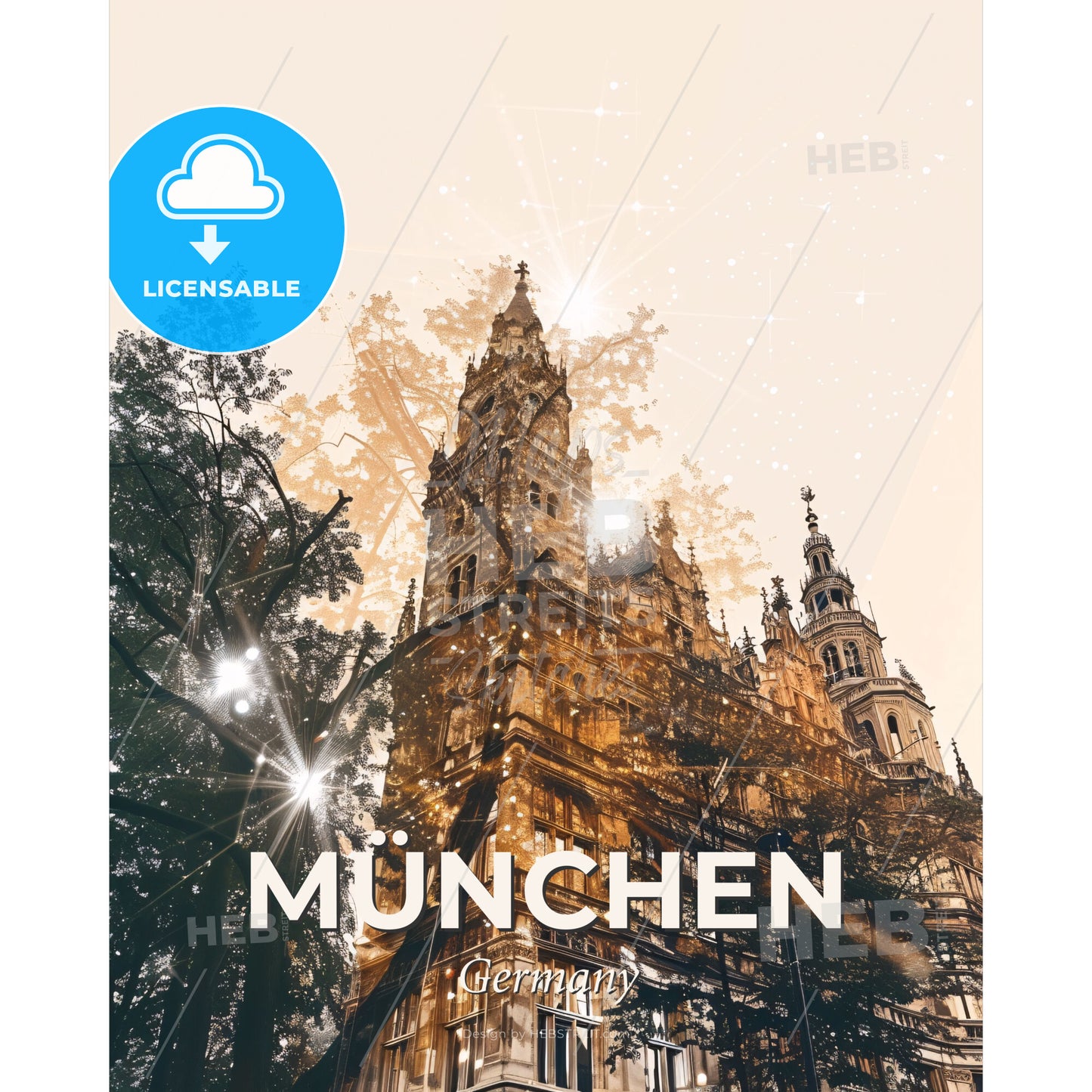 Munich City Dream Composite Skyline Art Poster - A building with trees and stars - Square format print template