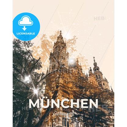 Munich City Dream Composite Skyline Art Poster - A building with trees and stars - Square format print template