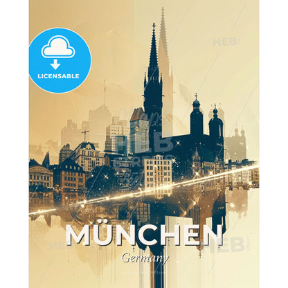 Munich Skyline Double Exposure Art Print - A city with a reflection of a light - Square format print template