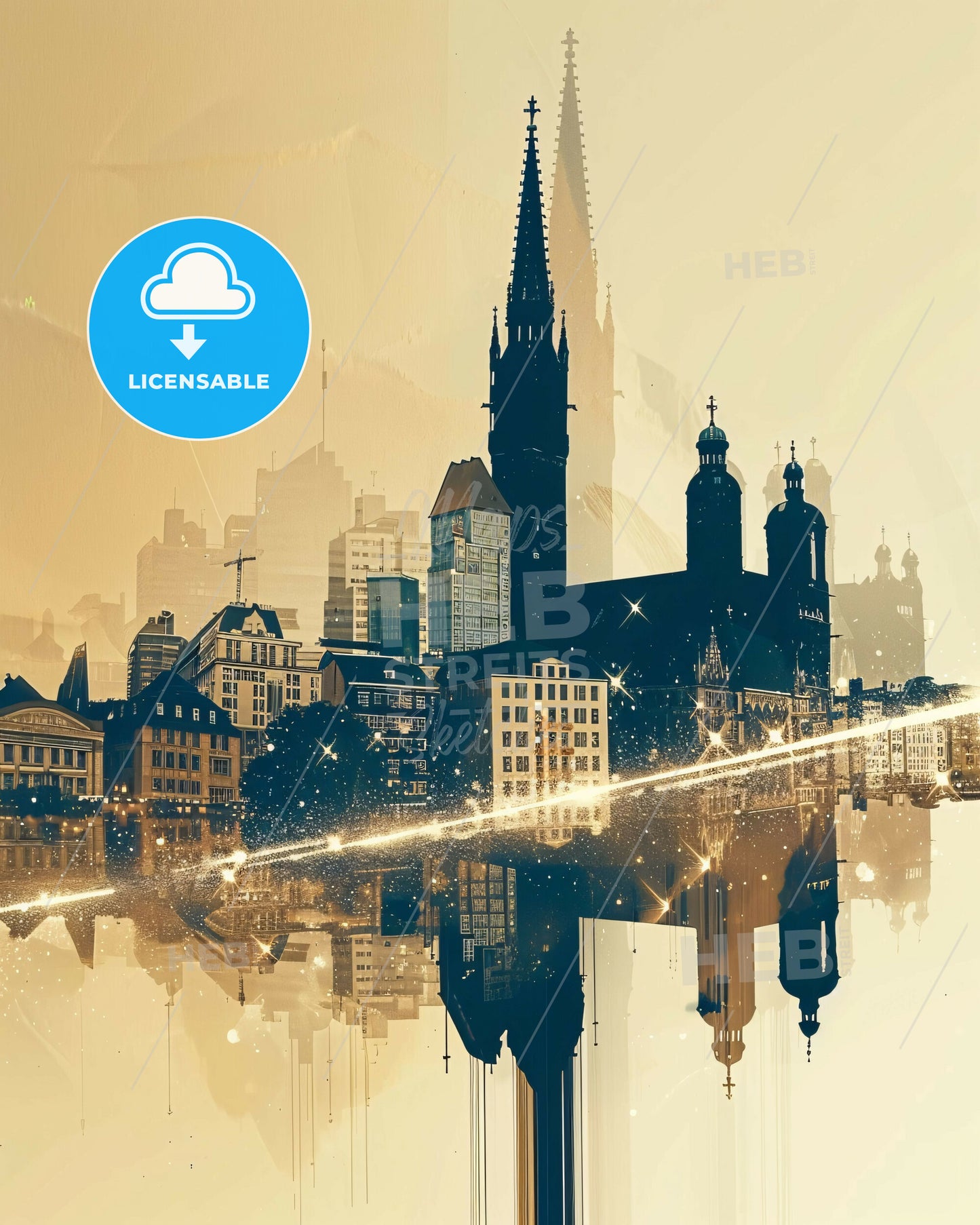 Munich Skyline Double Exposure Art Print - A city with a reflection of a light