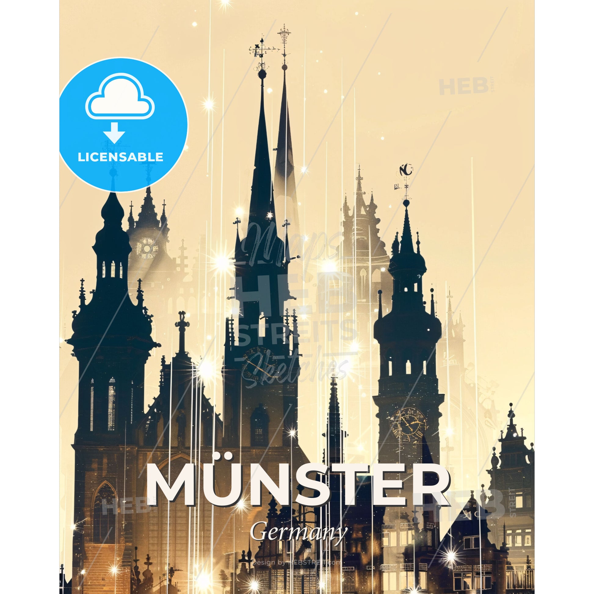 Münster Cityscape Skyline Poster in Warm Hues - A building with towers and spires - Square format print template