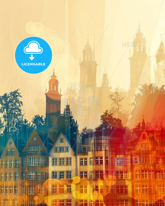 Münster Skyline Double Exposure Poster - A group of buildings with towers