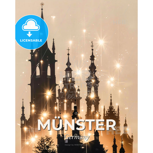 Münster Skyline Double Exposure Cityscape Silhouette Poster - A silhouette of a building with a tower and spires - Square format print template