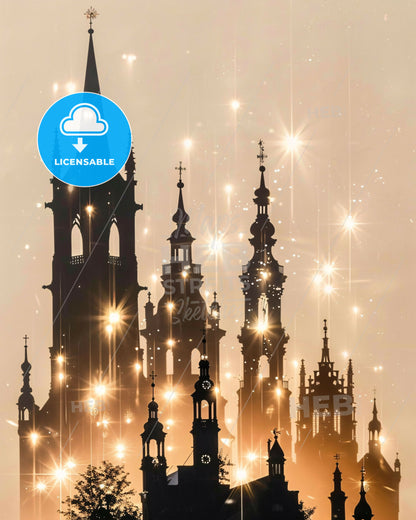 Münster Skyline Double Exposure Cityscape Silhouette Poster - A silhouette of a building with a tower and spires