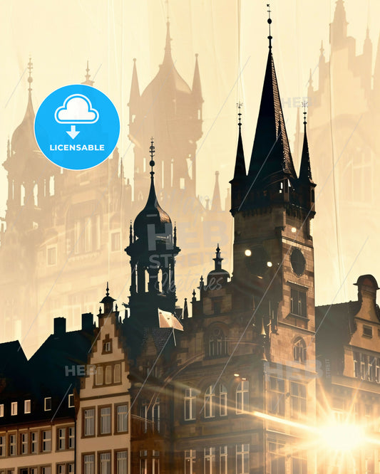 Münster Skyline Composite Art Poster, Double Exposure - A building with towers and a reflection of the sun