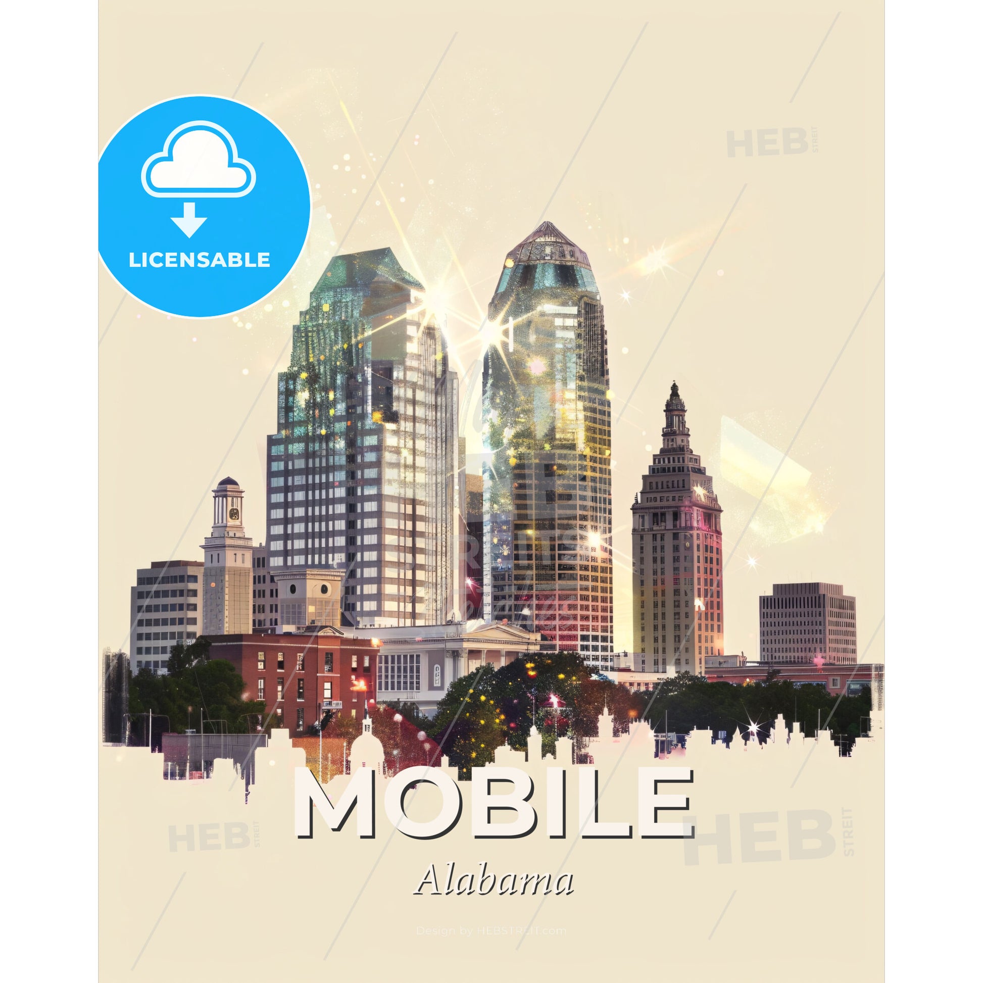 Mobile City Skyline Impressionistic Poster Art - A city skyline with many tall buildings - Square format print template