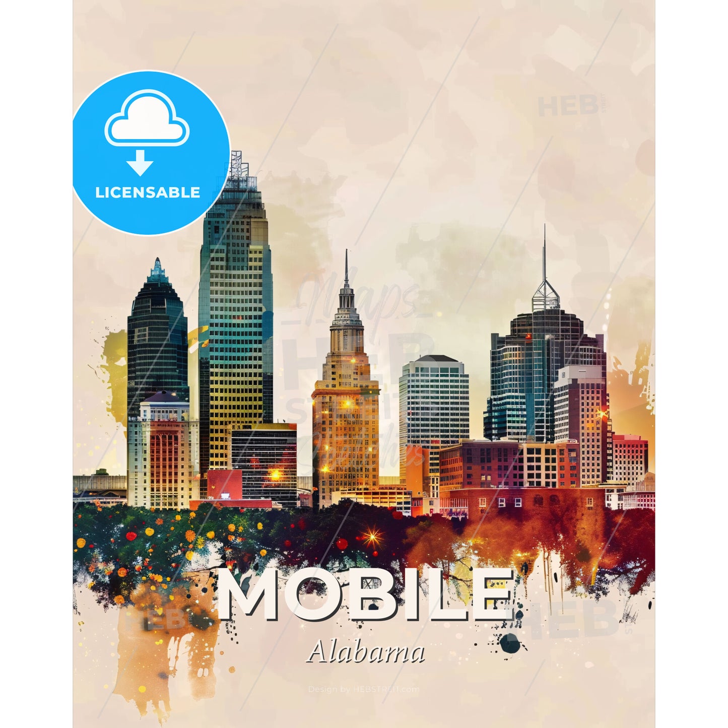 Mobile Skyline Sparkles - Cityscape Poster Art - A city skyline with colorful spots - Square format print template