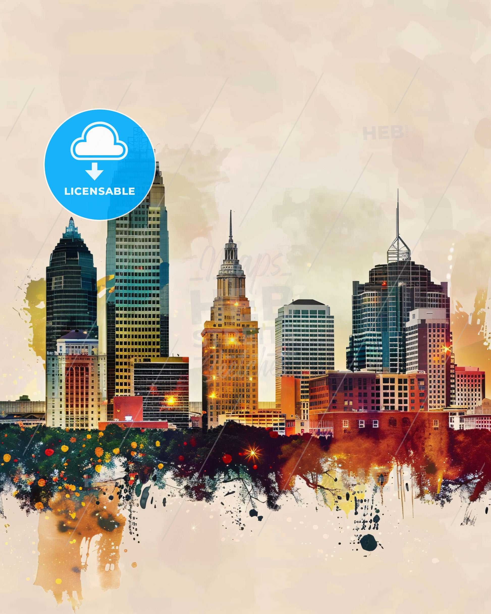 Mobile Skyline Sparkles - Cityscape Poster Art - A city skyline with colorful spots