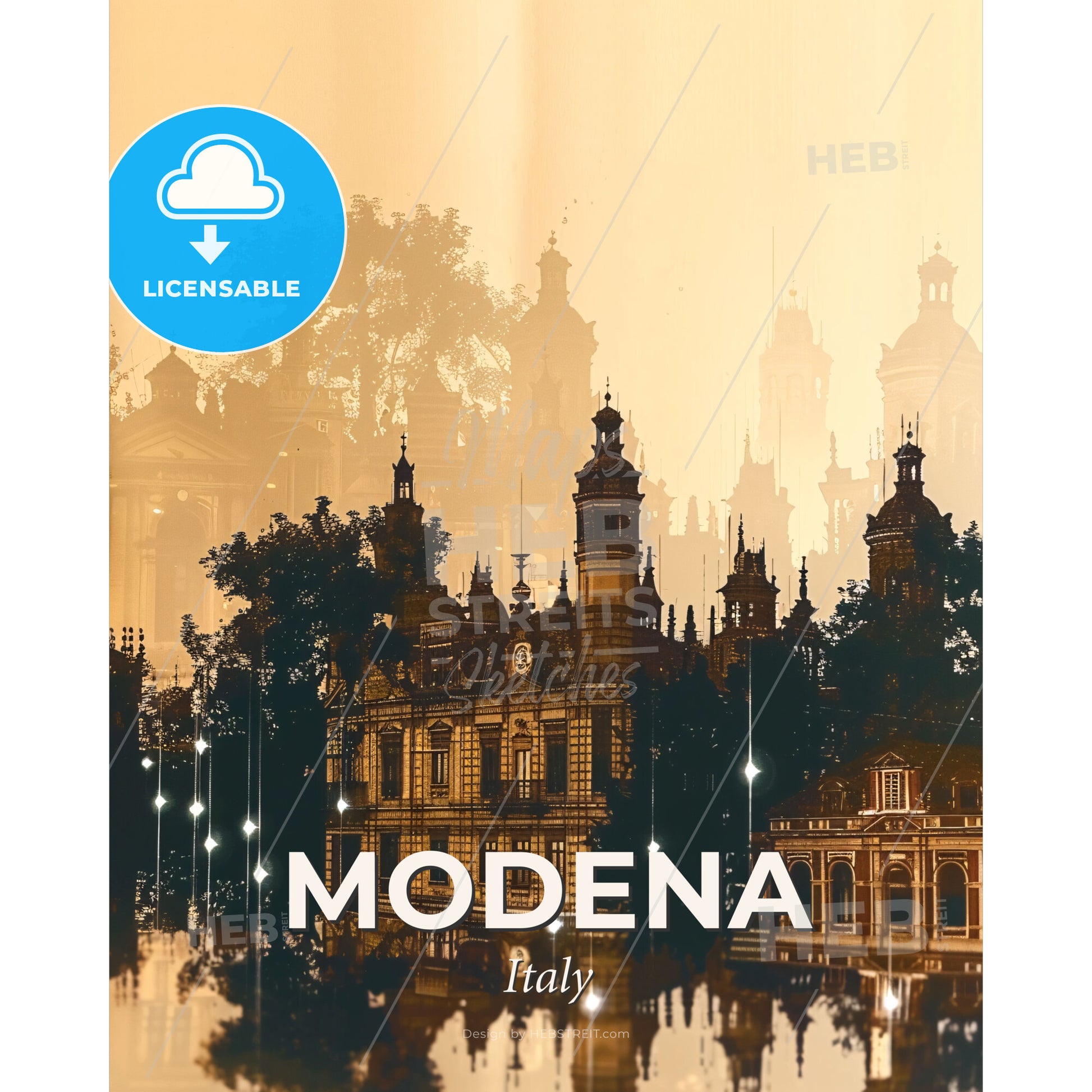 Modena Skyline Double Exposure Dreamy Poster Art - A building with many towers and trees - Square format print template