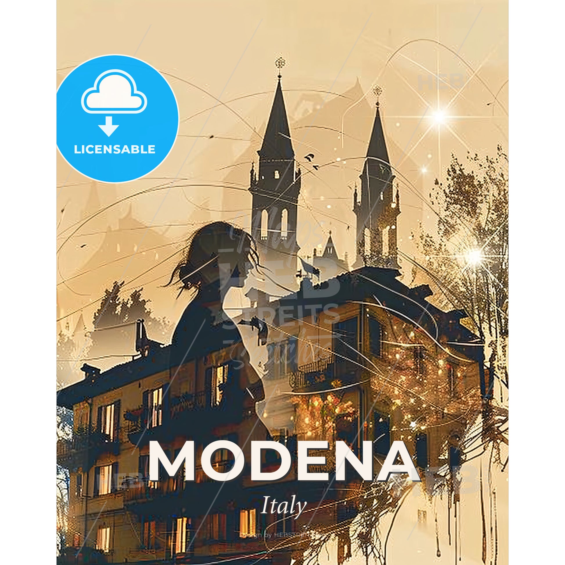 Modena City Skyline Composite Artwork Poster - A woman standing on a building - Square format print template