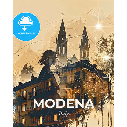 Modena City Skyline Composite Artwork Poster - A woman standing on a building - Square format print template