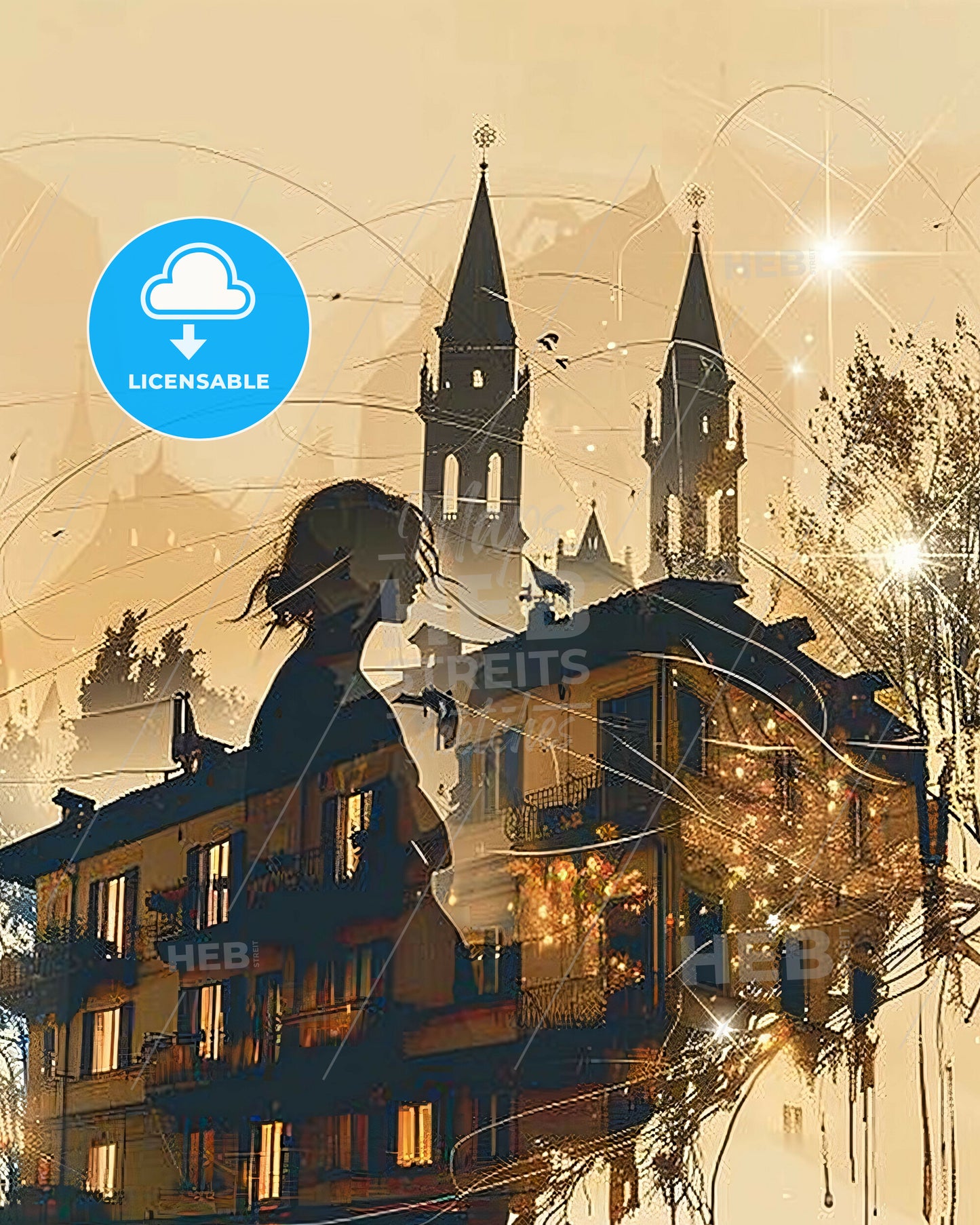 Modena City Skyline Composite Artwork Poster - A woman standing on a building