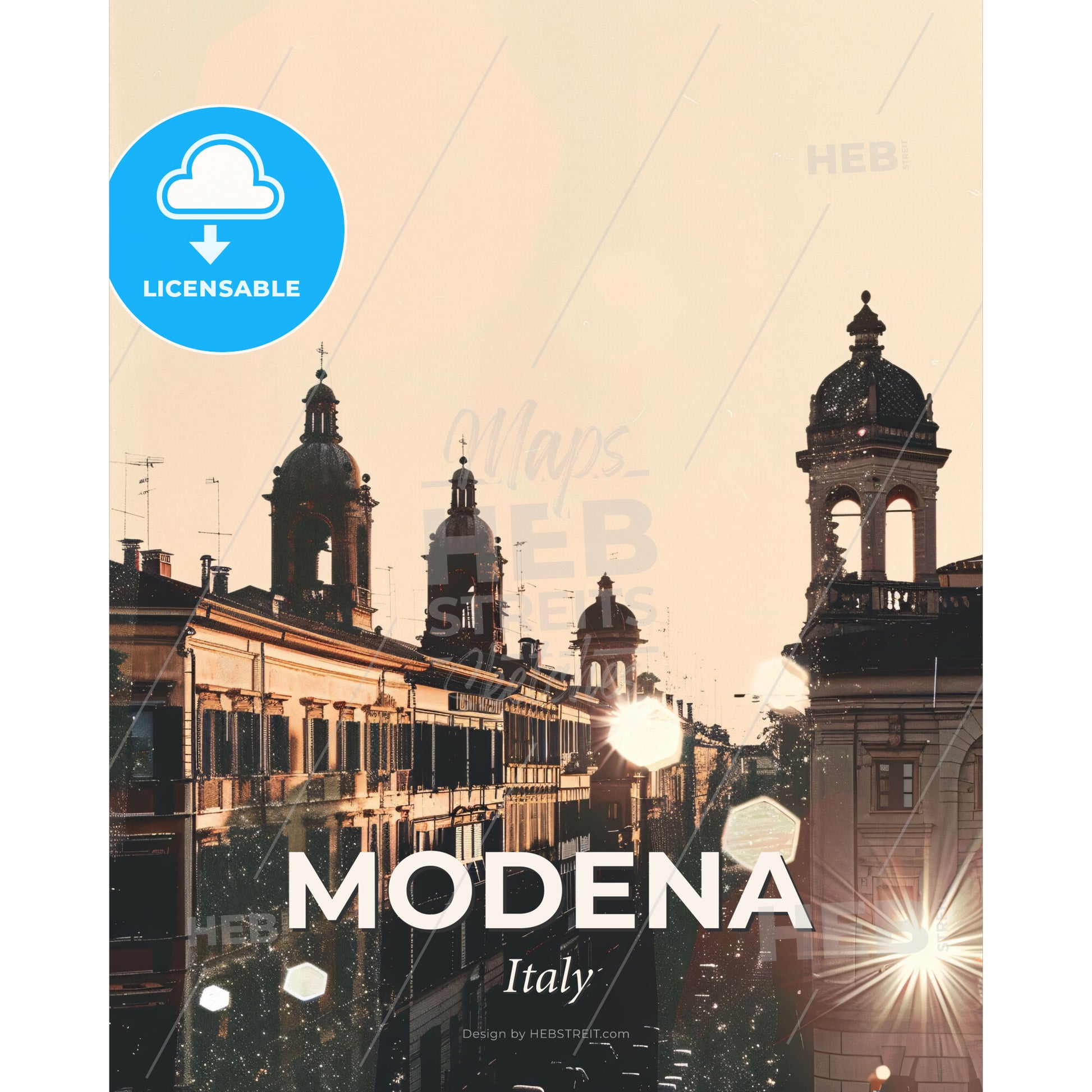 Modena Cityscape Night Composite Art - A group of buildings with towers - Square format print template