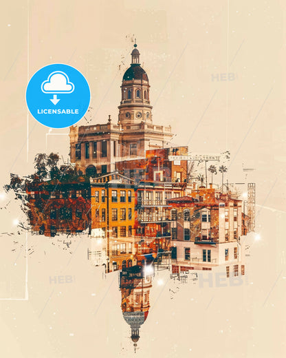 Modesto Skyline: Local Architecture Double Exposure Art - A city skyline with buildings and a tower