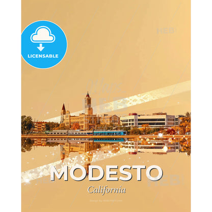 Modesto Cityscape Composite Art Print - A city next to a body of water - Square format print template