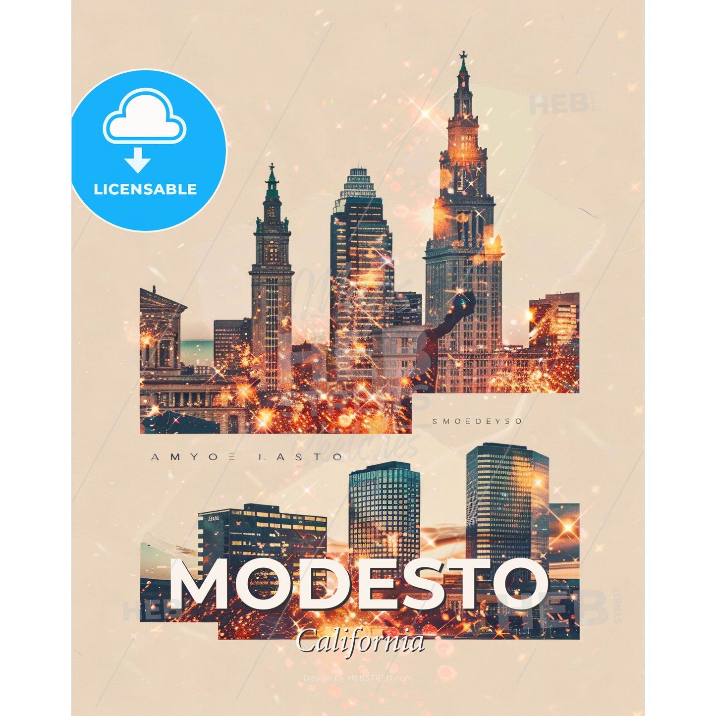 Modesto Cityscape Double Exposure Art - A city skyline with many tall buildings - Square format print template
