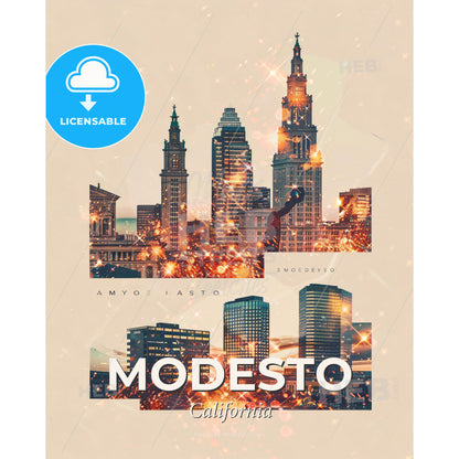 Modesto Cityscape Double Exposure Art - A city skyline with many tall buildings - Square format print template