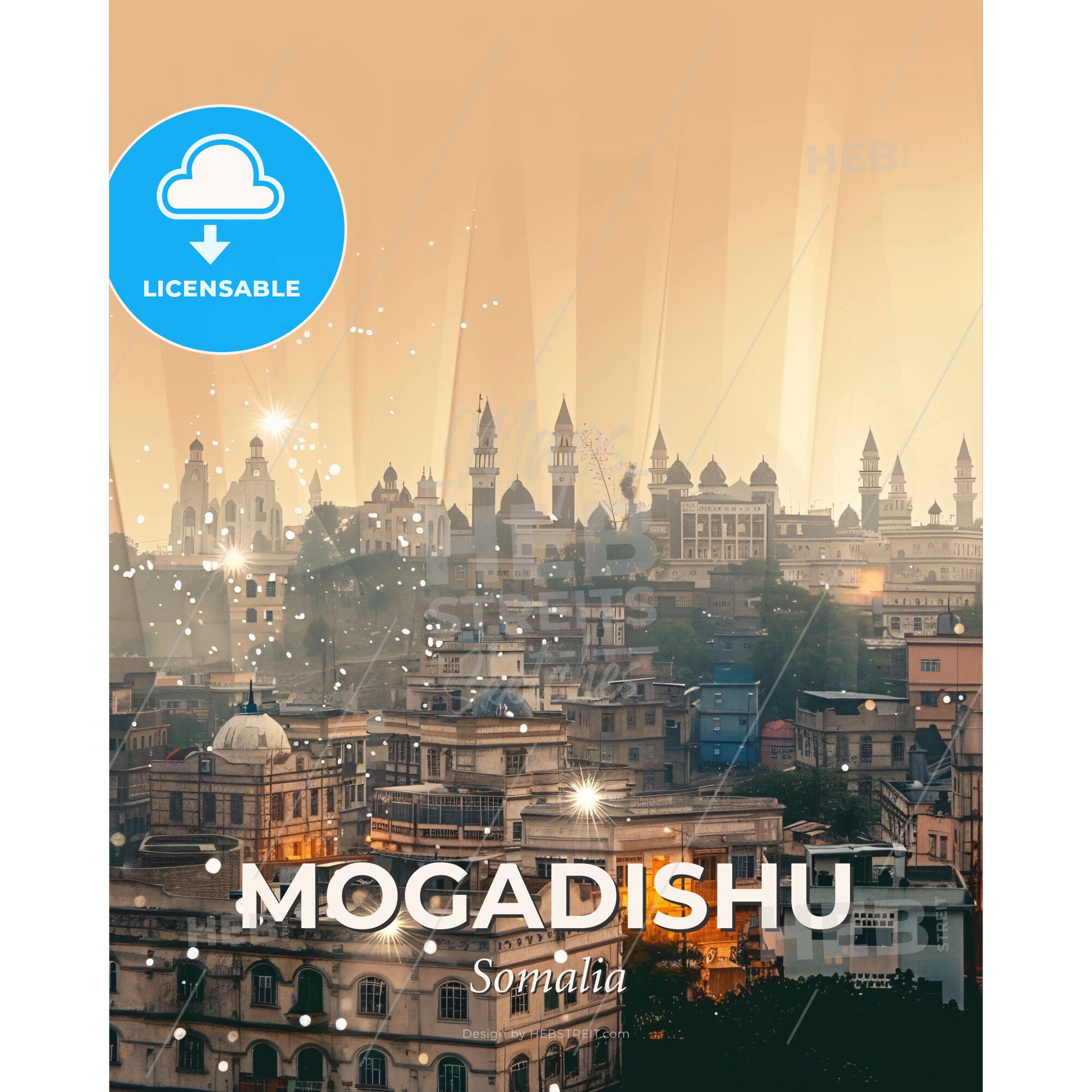 Mogadishu Skyline Art: Vibrant City Hues on Beige - A city with many buildings - Square format print template