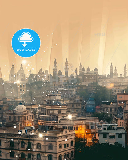 Mogadishu Skyline Art: Vibrant City Hues on Beige - A city with many buildings