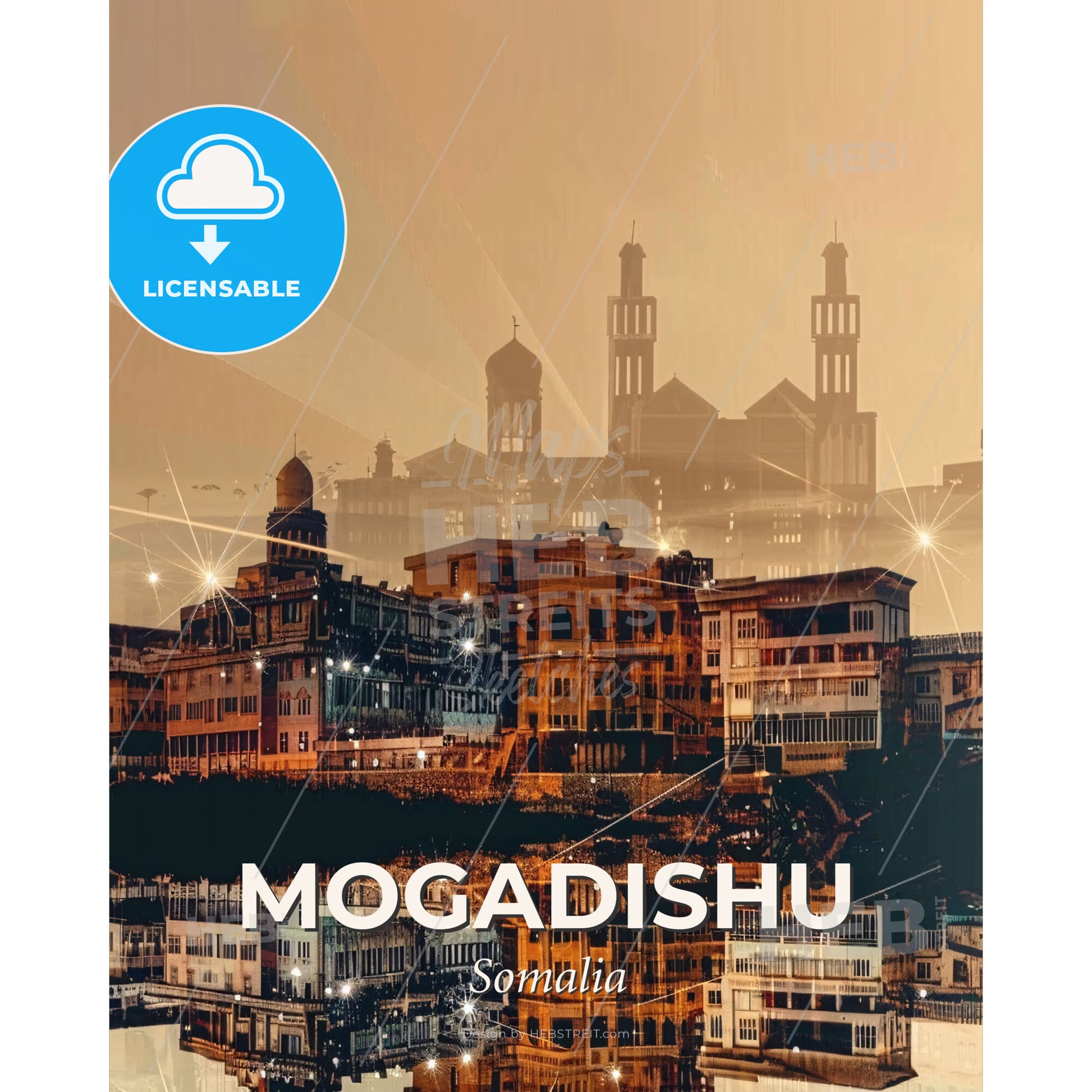 Mogadishu: Beige Skyline Art with Local Icons - A city with many buildings and lights - Square format print template