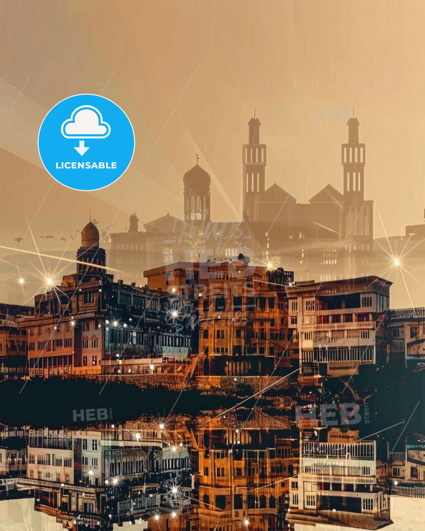 Mogadishu: Beige Skyline Art with Local Icons - A city with many buildings and lights