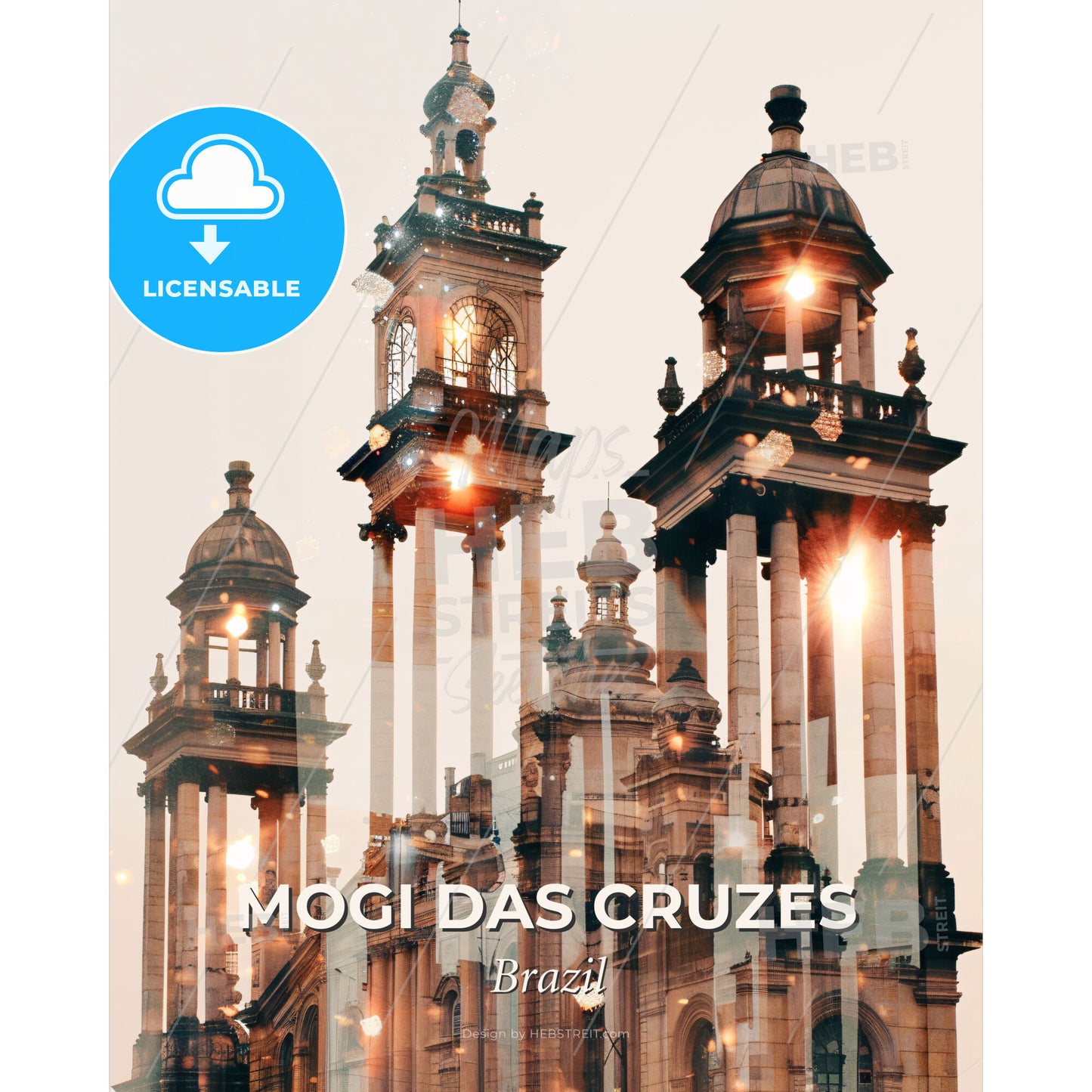 Mogi das Cruzes City Skyline Double Exposure Composite Art - A large building with towers and a clock - Square format print template