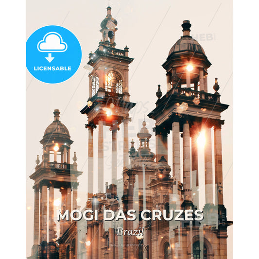 Mogi das Cruzes City Skyline Double Exposure Composite Art - A large building with towers and a clock - Square format print template