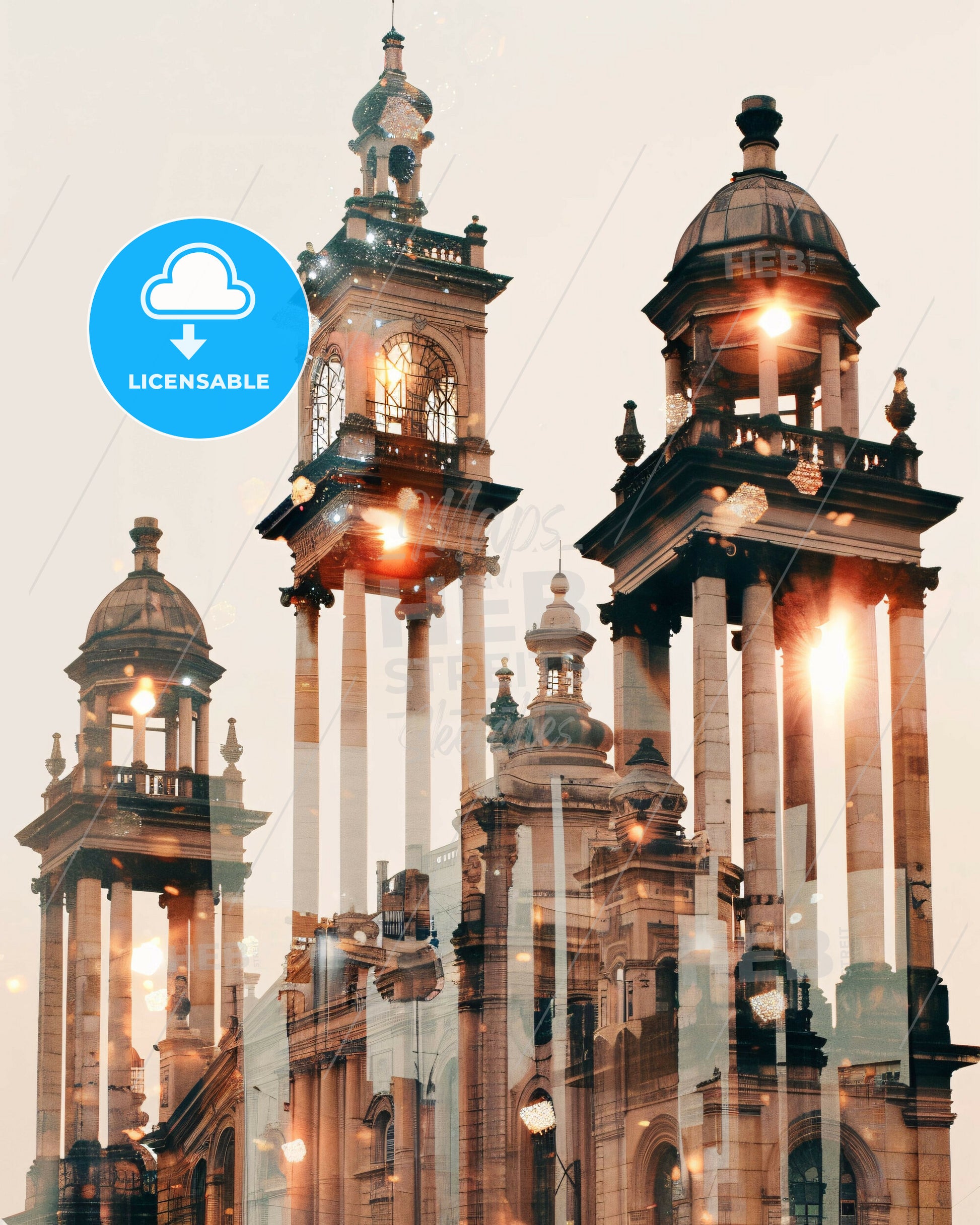 Mogi das Cruzes City Skyline Double Exposure Composite Art - A large building with towers and a clock