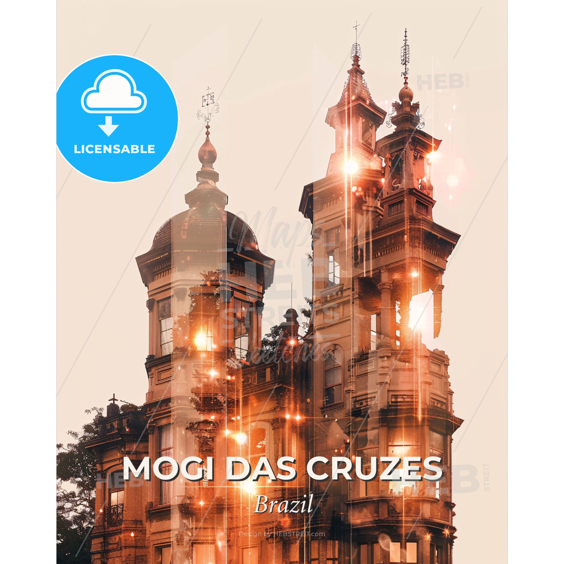 Mogi das Cruzes: Local Landmarks in Composite Art - A building with towers and lights - Square format print template