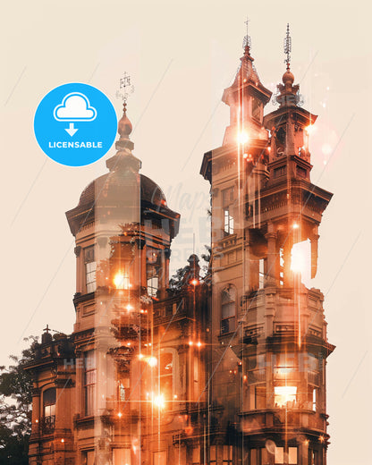 Mogi das Cruzes: Local Landmarks in Composite Art - A building with towers and lights