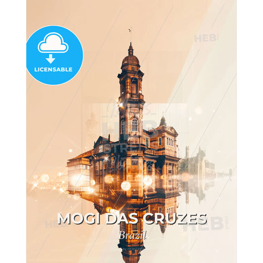 Mogi Das Cruzes City Skyline Double Exposure Composite Art - A building with a tower and a tower - Square format print template
