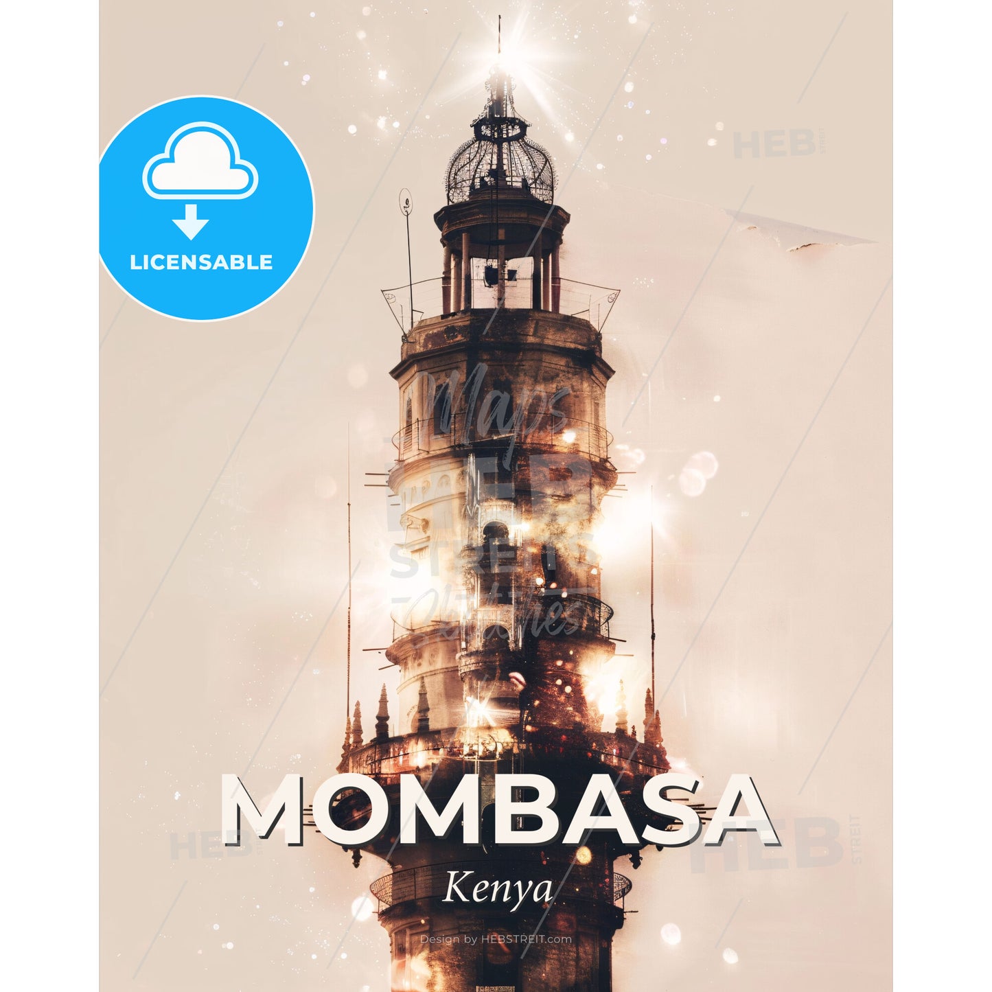 Mombasa Skyline Composite Art: Tropical City Lights - A tower with a light on top - Square format print template