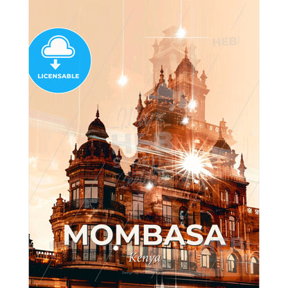 Mombasa Skyline Double Exposure Composite Art - A building with a large tower - Square format print template