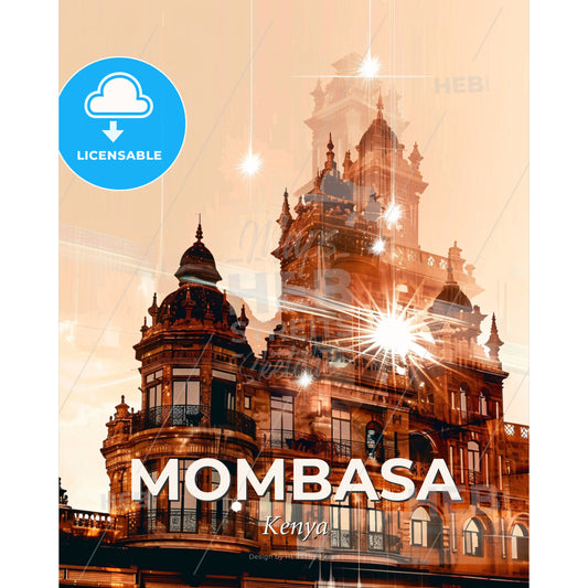 Mombasa Skyline Double Exposure Composite Art - A building with a large tower - Square format print template