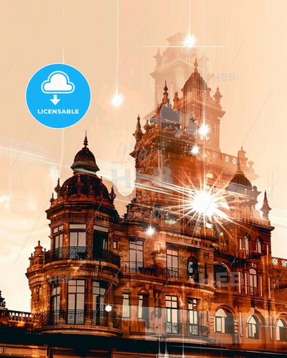 Mombasa Skyline Double Exposure Composite Art - A building with a large tower