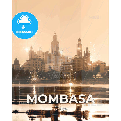 Mombasa Skyline Pastel Double Exposure Composite Poster - A city skyline with water reflection - Square format print template