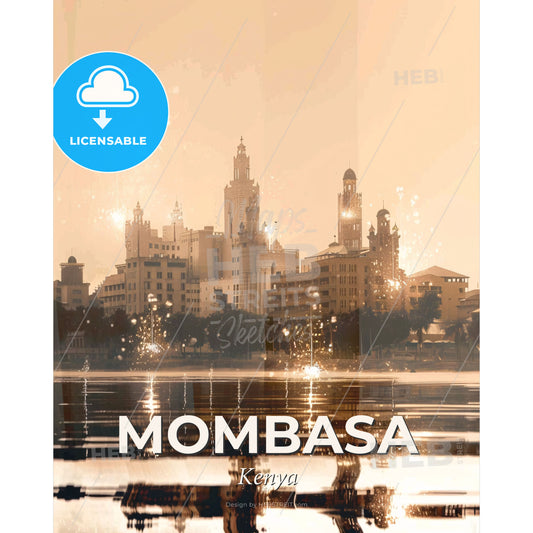 Mombasa Skyline Pastel Double Exposure Composite Poster - A city skyline with water reflection - Square format print template