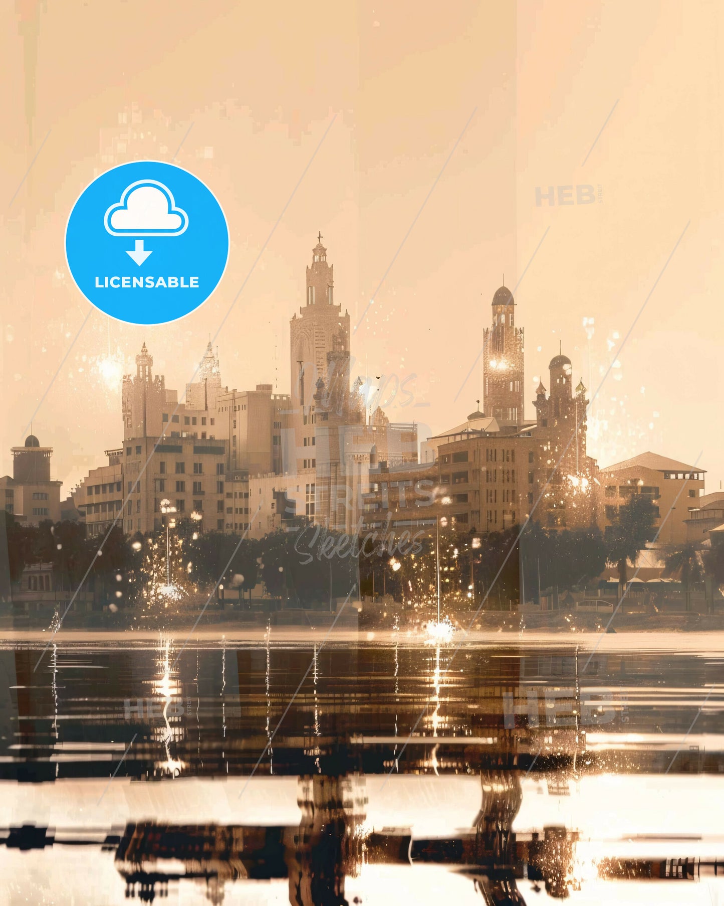 Mombasa Skyline Pastel Double Exposure Composite Poster - A city skyline with water reflection