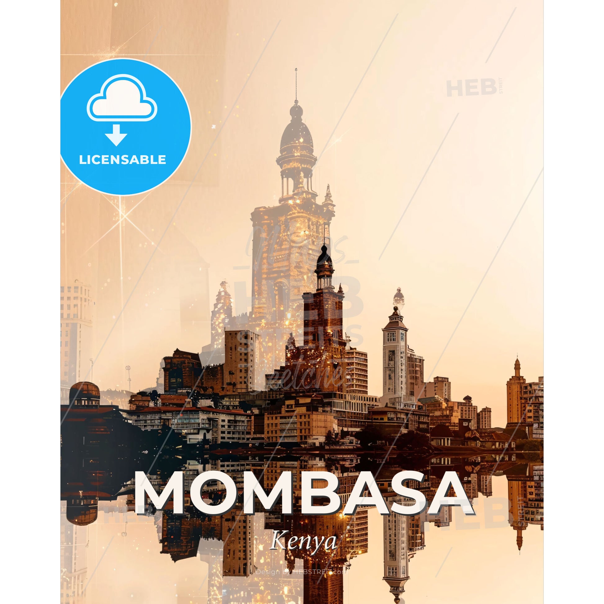 Mombasa Skyline Composite: Brilliance in Beige - A city with a tall tower and a body of water - Square format print template