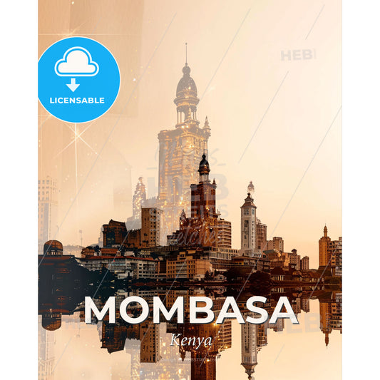 Mombasa Skyline Composite: Brilliance in Beige - A city with a tall tower and a body of water - Square format print template